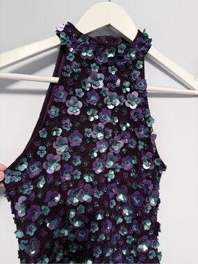 Emily Shalant Beaded Floral Sequined Halter Dress - Purple & Teal Accents